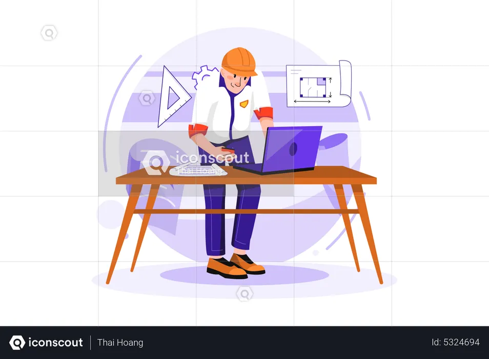 Man contractor working on laptop  Illustration