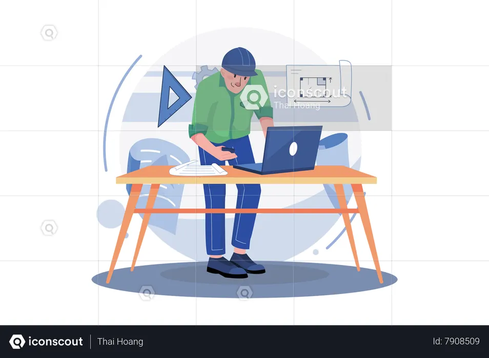 Man Contractor Working On Laptop  Illustration