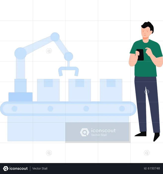 Man control packaging machine using phone  Illustration