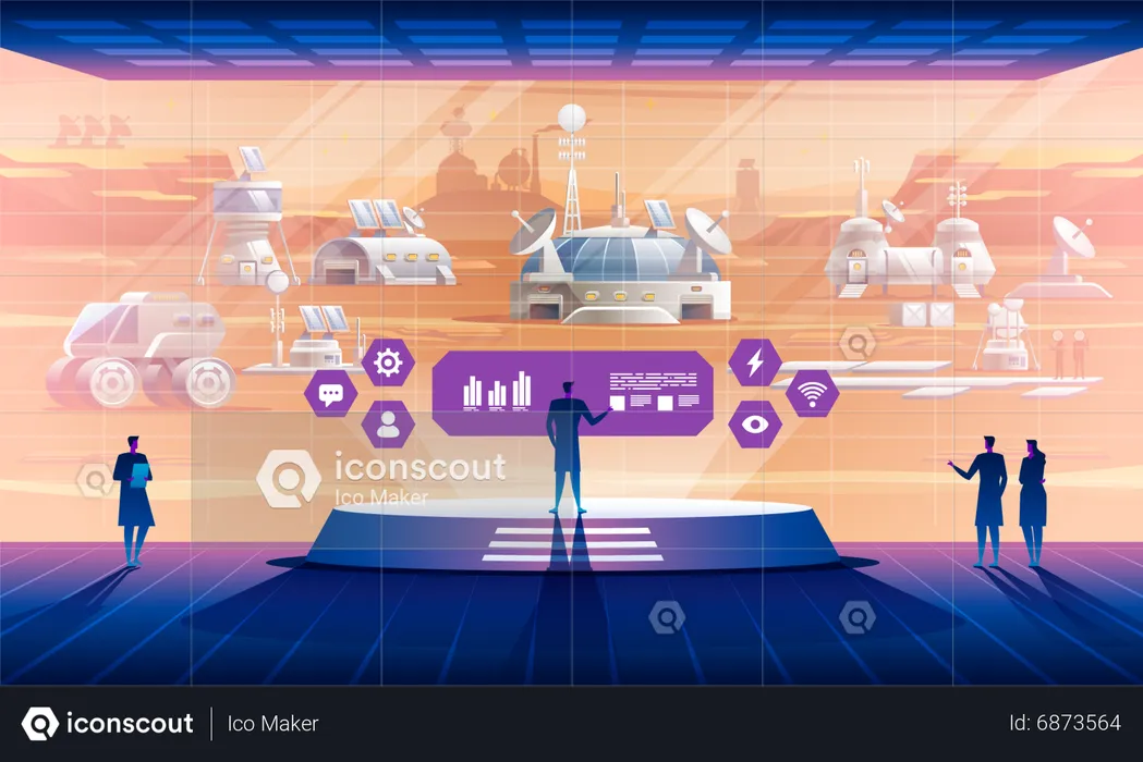 Man controlling atmosphere from space base  Illustration