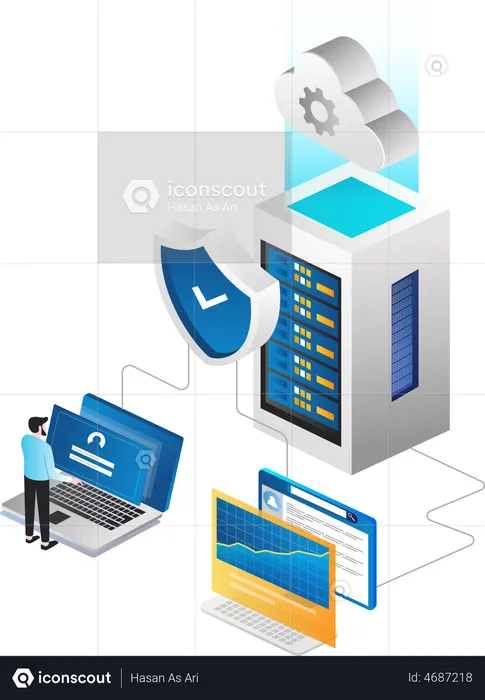 Man controlling computer security and cloud server  Illustration