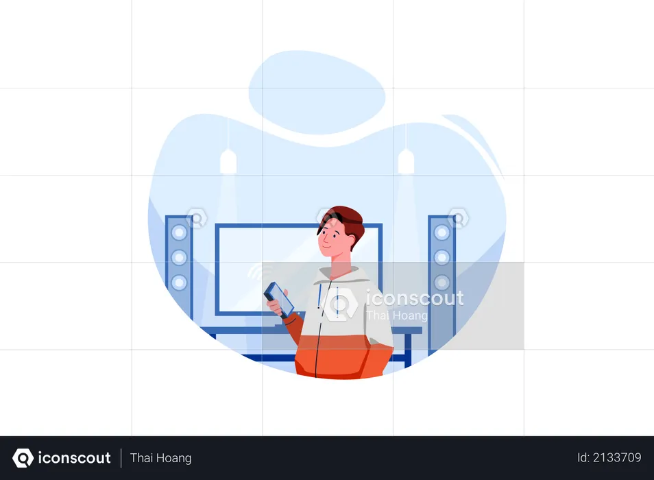 Man controlling music system in house  Illustration