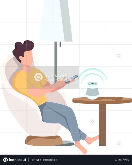 Man controlling smart speaker with phone  Illustration