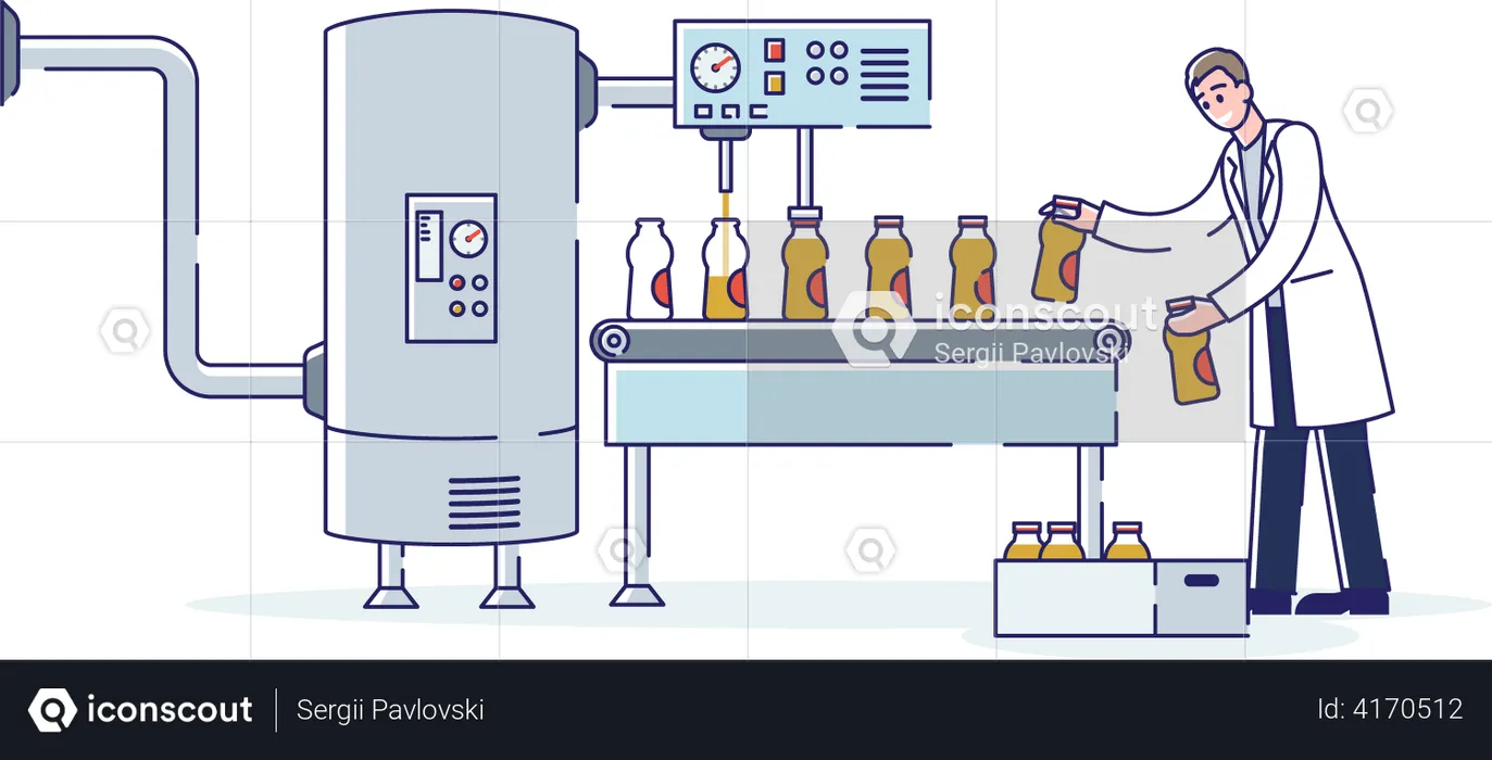 Man Controls Work Of Juice Filling Process On Conveyor Belt and Putting Full Bottles With Juice In  Illustration