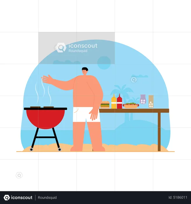 Man cooking barbeque at beach  Illustration