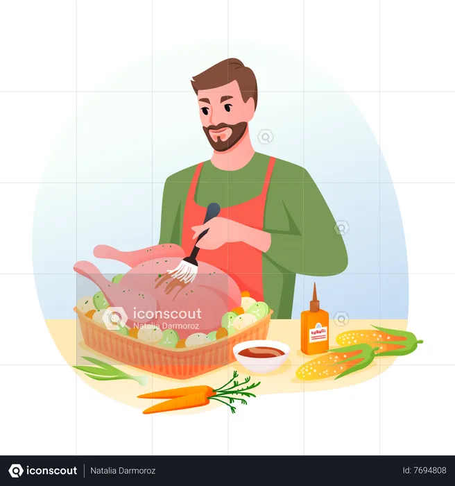 Man Cooking Chicken  Illustration