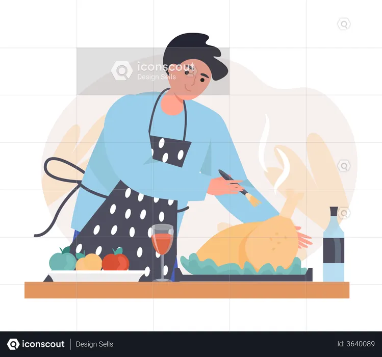 Man Cooking   Chicken  Illustration