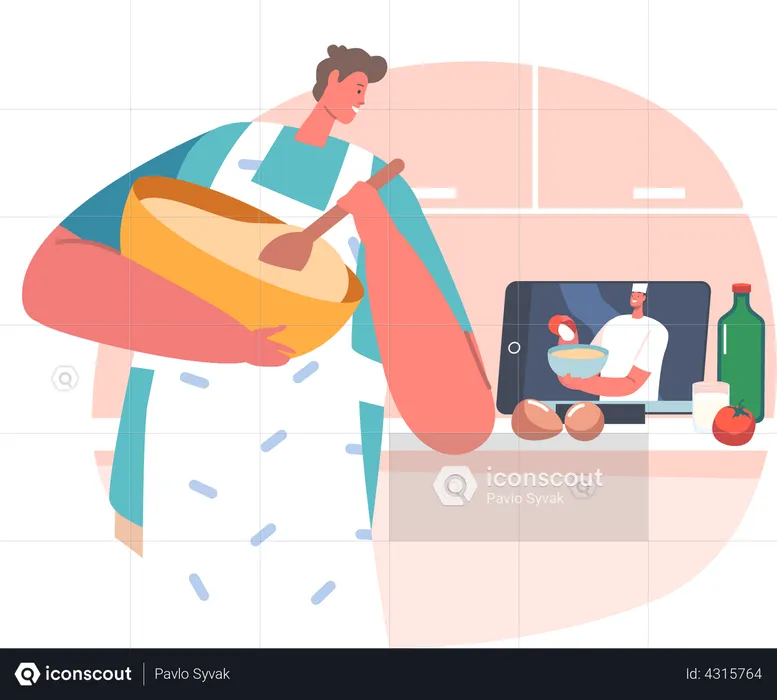 Man cooking food while learning from online video tutorial  Illustration