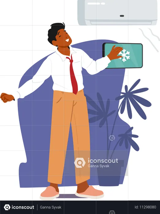 Man cooling room with air conditioner using iot equipment smartphone tech app  Illustration