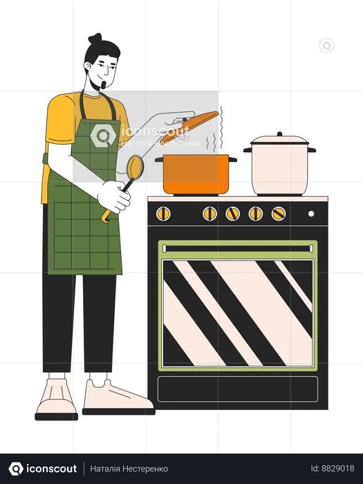 Man Covering pot with lid while cooking  Illustration