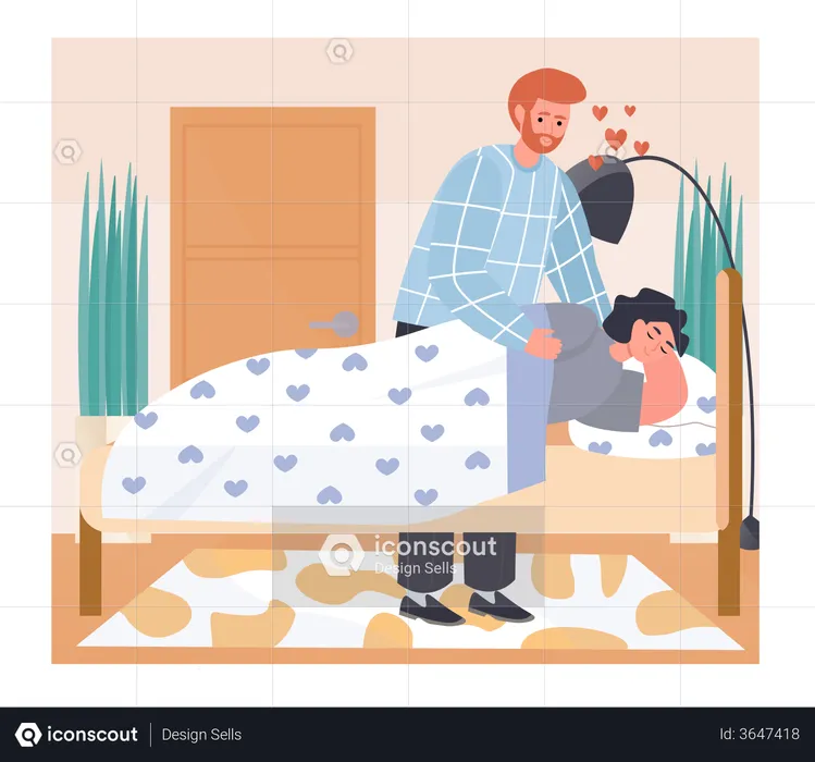 Man Covering up Woman With Blanket while sleeping  Illustration