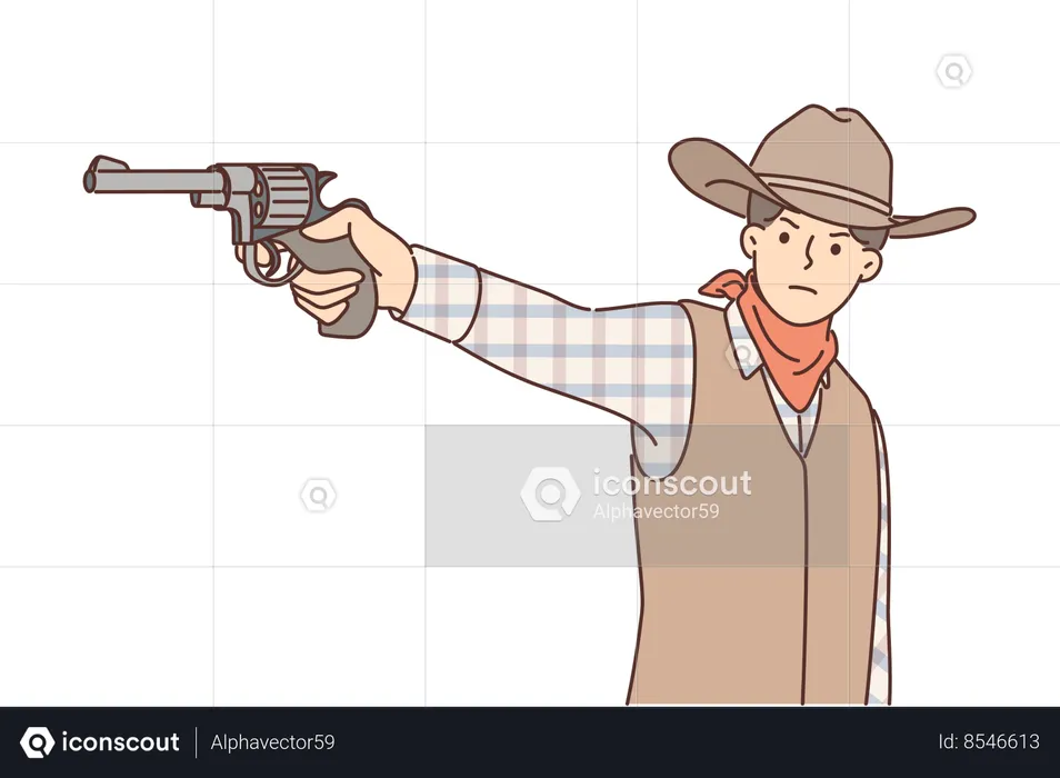 Man cowboy with revolver in hand is dressed in style of resident wild west and aiming at offender  Illustration