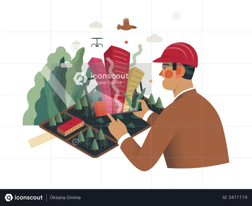 Man creating building plan using VR Tech  Illustration