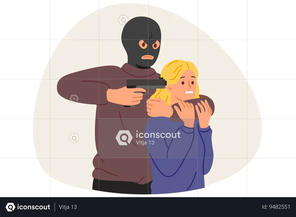 Man criminal holds frightened girl hostage threatening with gun to get rid of police pursuit  Illustration