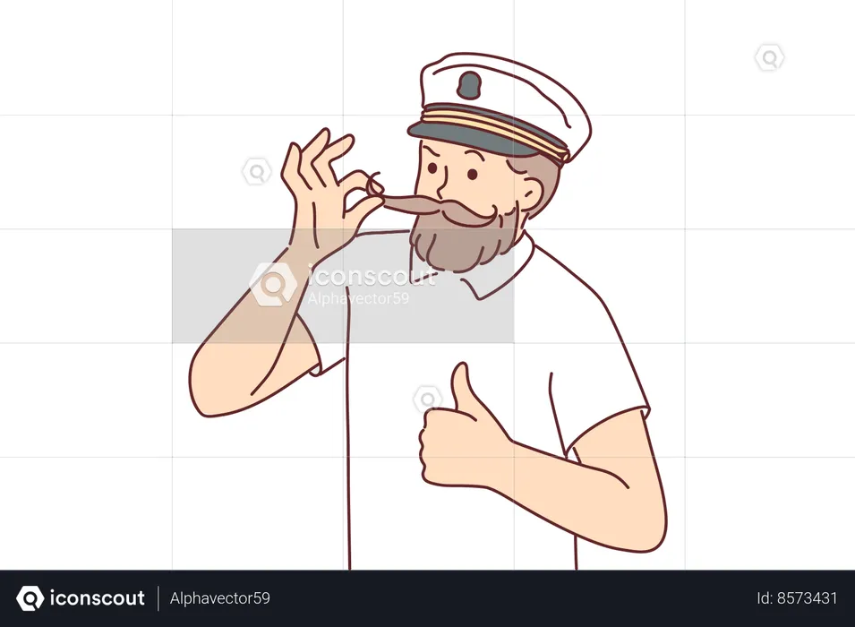 Man cruise ship captain fixes mustache and gives thumbs up  Illustration