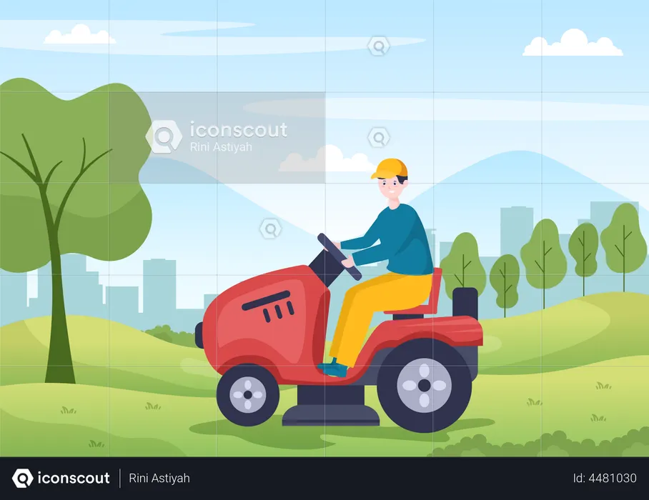 Man Cutting Grass in park  Illustration