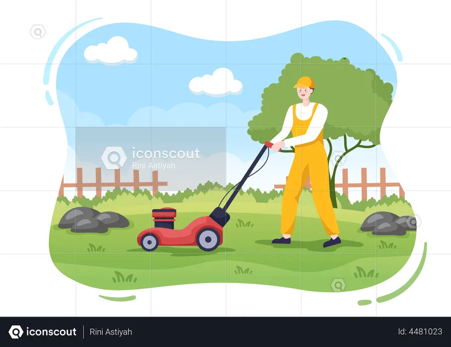 Man Cutting Green Grass  Illustration