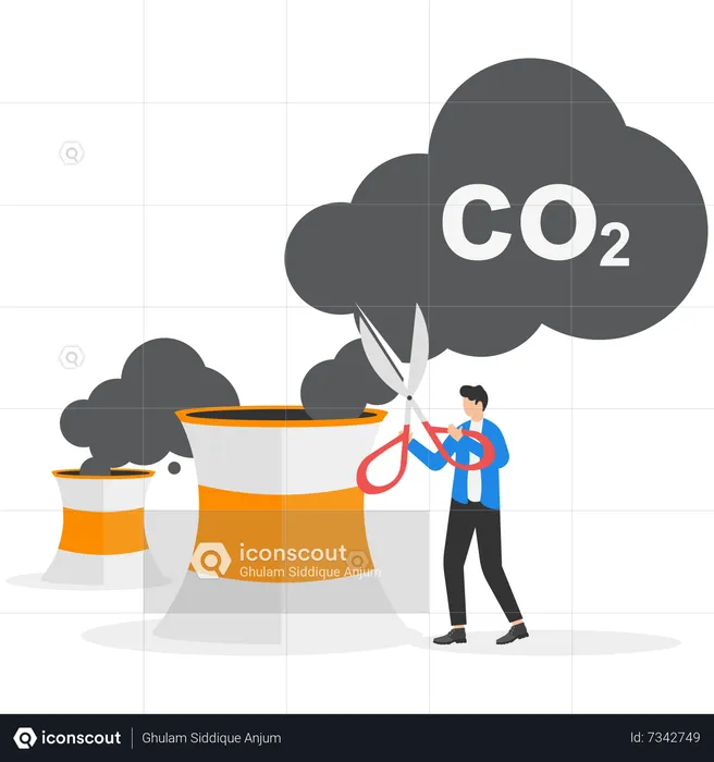 Man Cutting harmful industry emissions with large scissors  Illustration