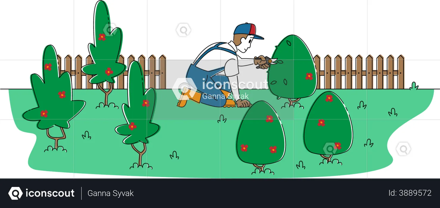 Man cutting trees in garden  Illustration