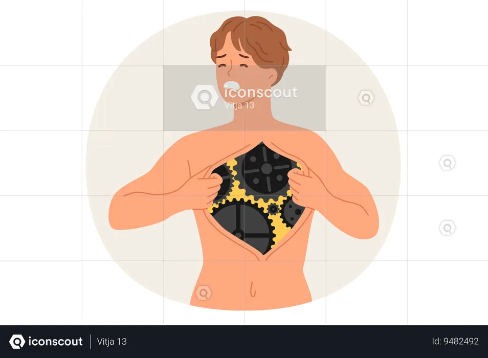Man cyborg tears skin on chest cage demonstrating robotic mechanism instead of organs  Illustration