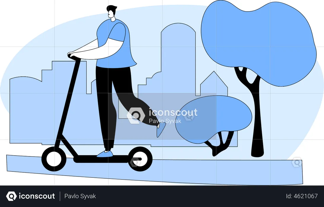 Man Cyclist Riding Push Scooter  Illustration