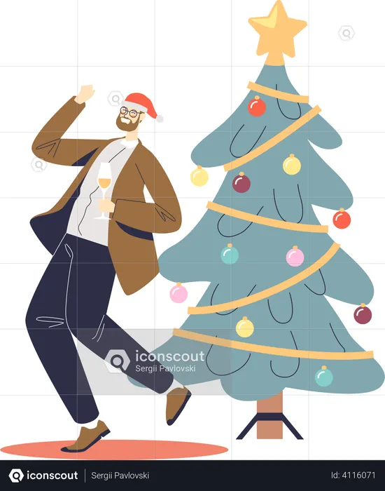 Man dancing and drink champagne at xmas party  Illustration