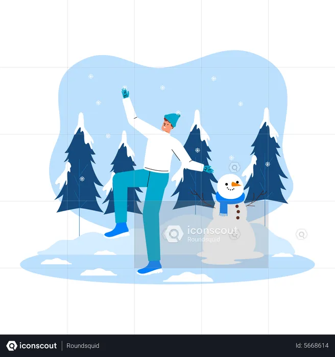 Man dancing in snow and making snowman  Illustration