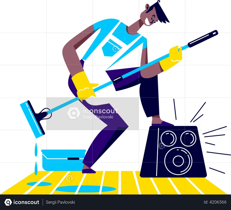 Man dancing while sweeping living room  Illustration