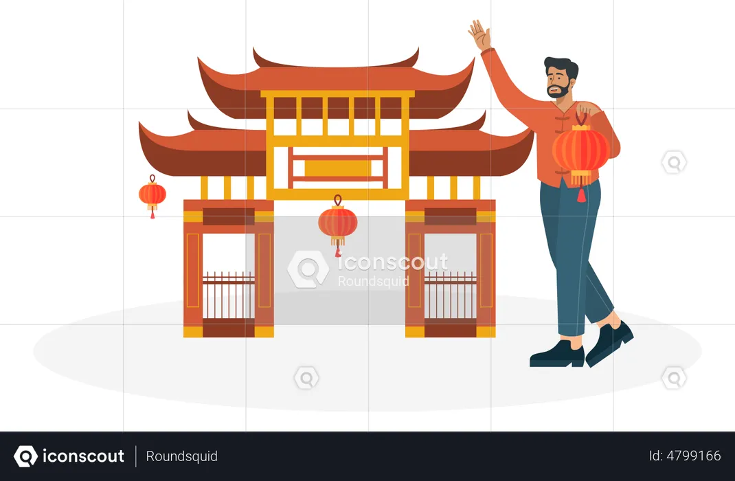 Man decorate chinese gate on chinese festival day  Illustration