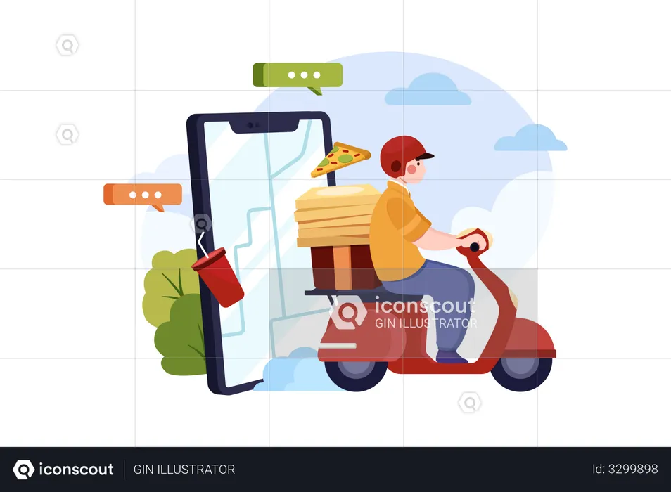 Man deliver order food in app by motorbike  Illustration
