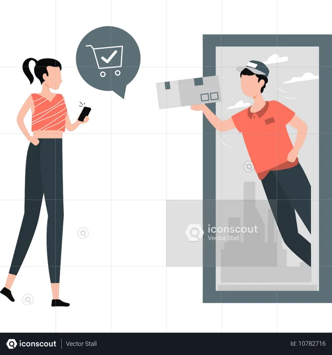 Man deliver parcel online to girl  Illustration