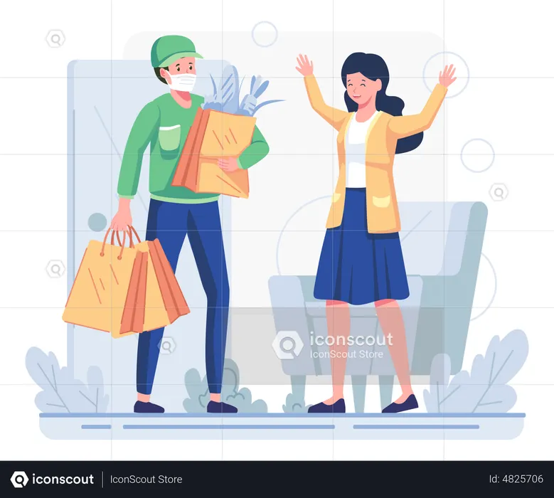 Man delivering groceries to female customer  Illustration