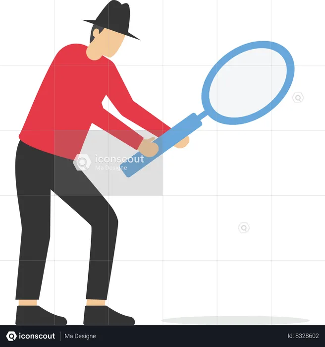 Man detective holding huge magnifying glass and thinking about evidence and result  Illustration