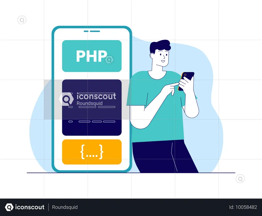 Man developing mobile app using php code  Illustration