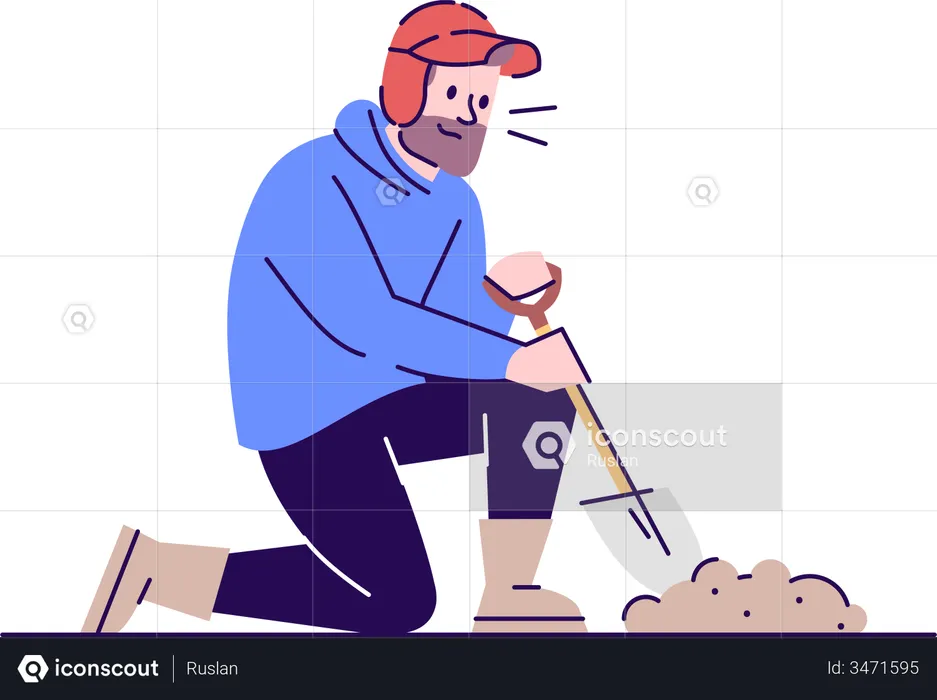 Man digging hole in the ground using hand shovel  Illustration
