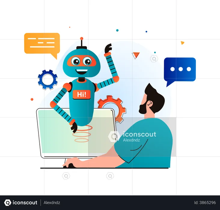 Man discussing query with smart assistant  Illustration
