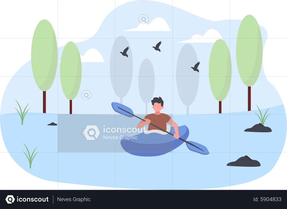 Man do canoeing on lake  Illustration
