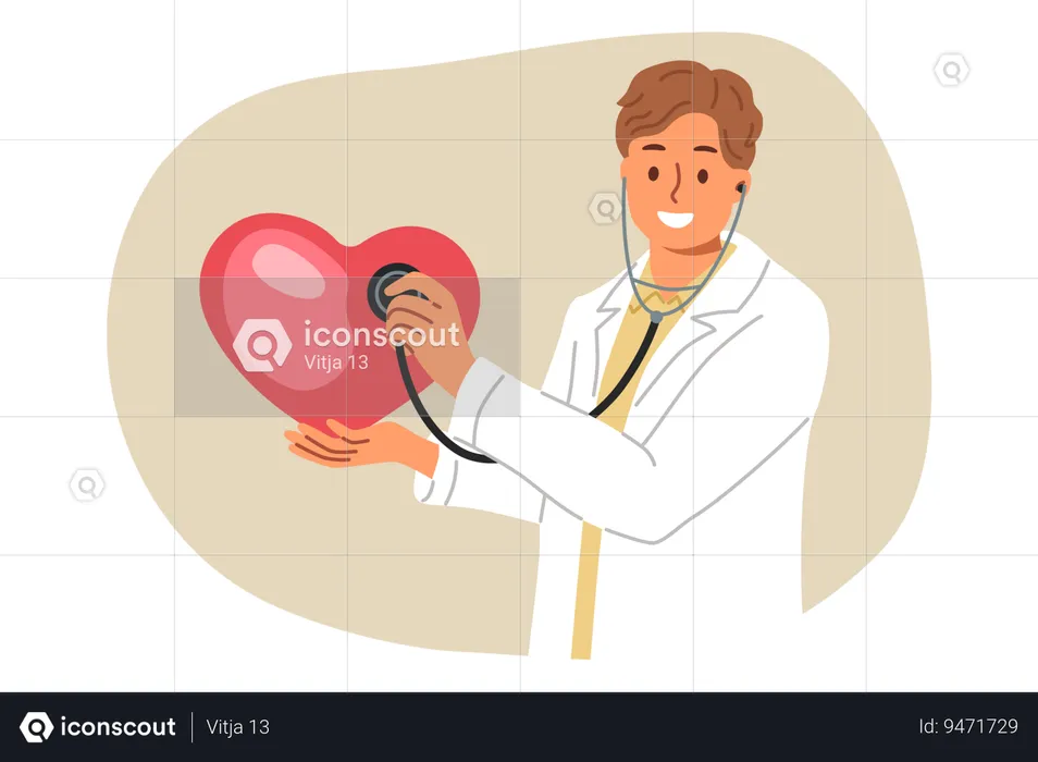 Man doctor with stethoscope in hands holds large heart giving lesson diagnosis cardio disease  Illustration