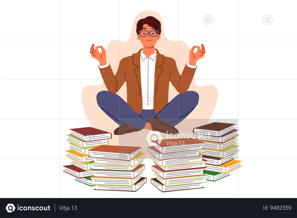Man does yoga and meditation taking break from reading books levitating in lotus position  Illustration