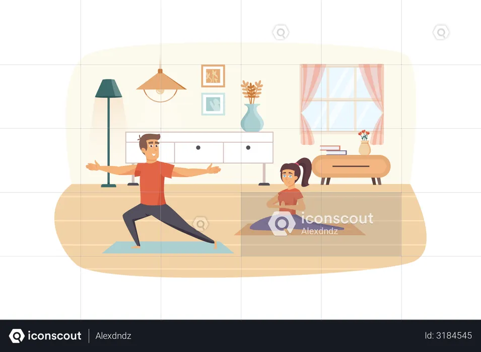Man doing balance position, woman exercising in asana  Illustration