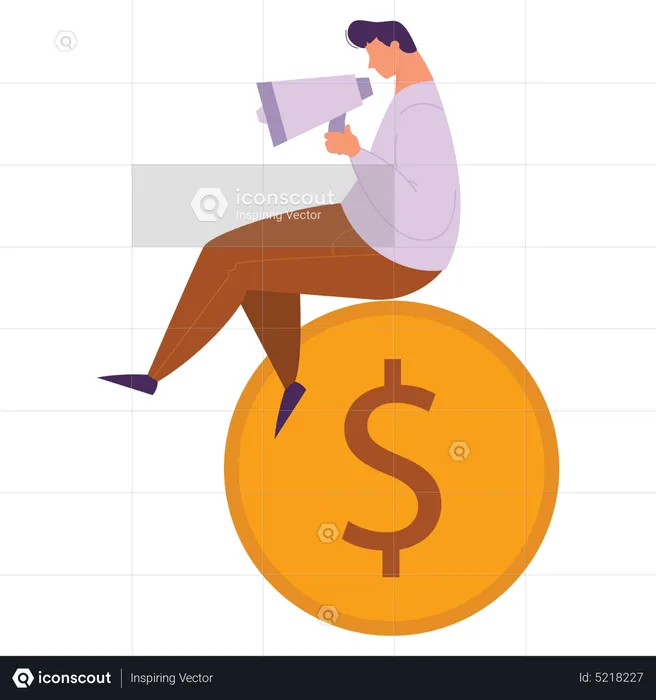Man doing business marketing while sitting on dollar coin  Illustration