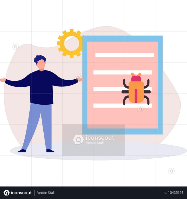 Man doing changes while bug virus attacks system  Illustration