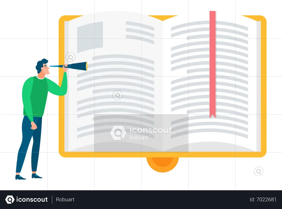 Man doing close inspection of book  Illustration
