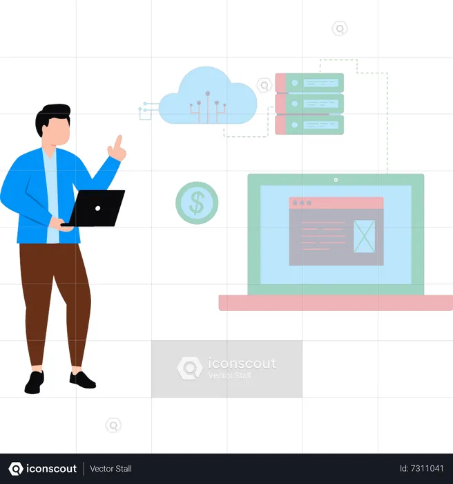 Man doing cloud computing  Illustration