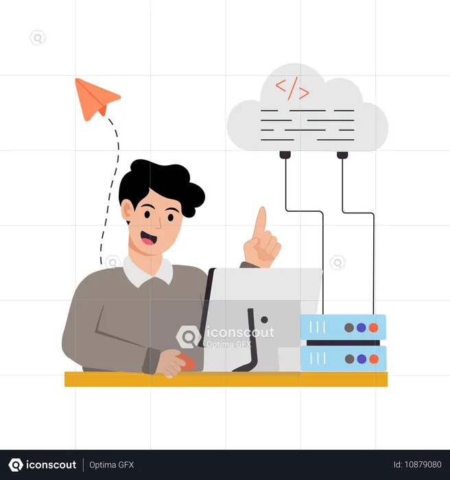 클라우드 데이터 호스팅을 하는 남자  일러스트레이션