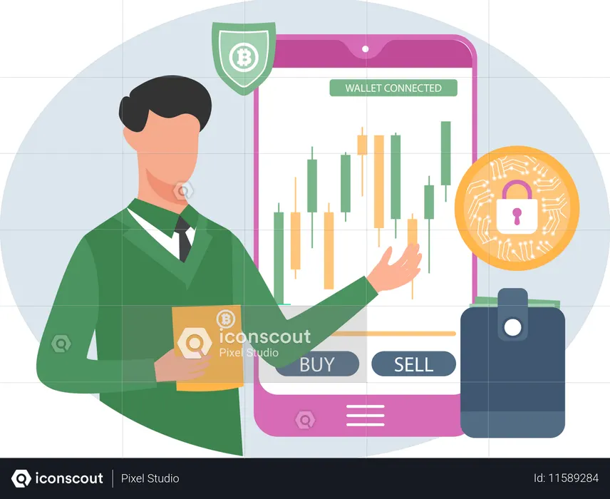 暗号通貨取引をする男性  イラスト