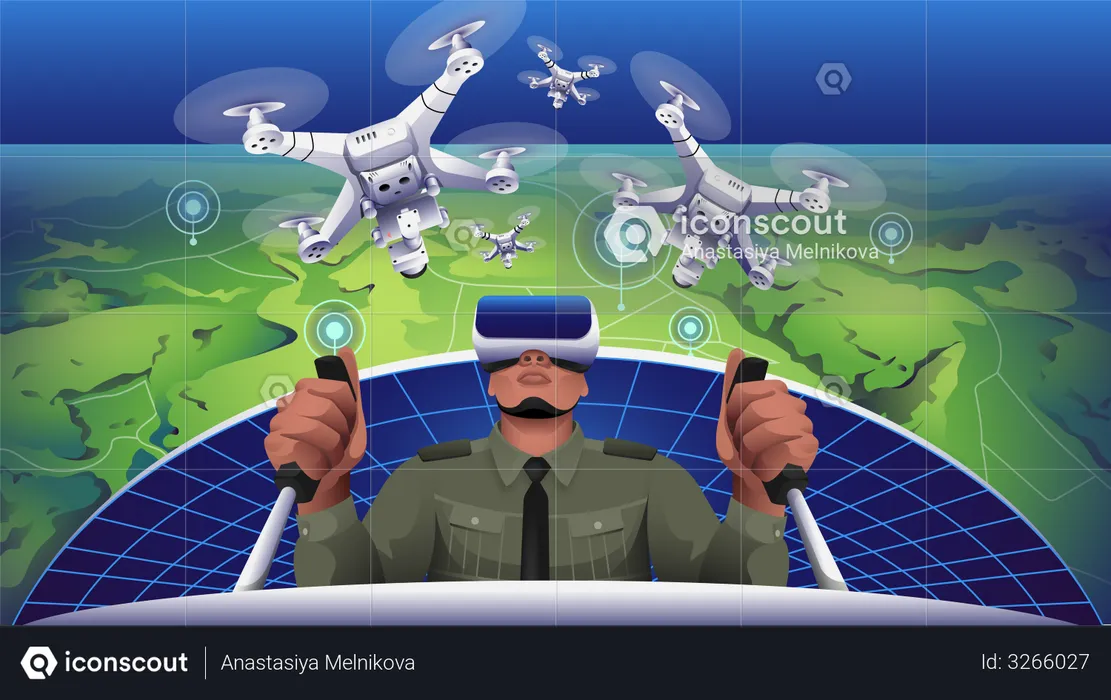 Man doing Drone Surveillance Using VR Goggles for Emergency Services  Illustration