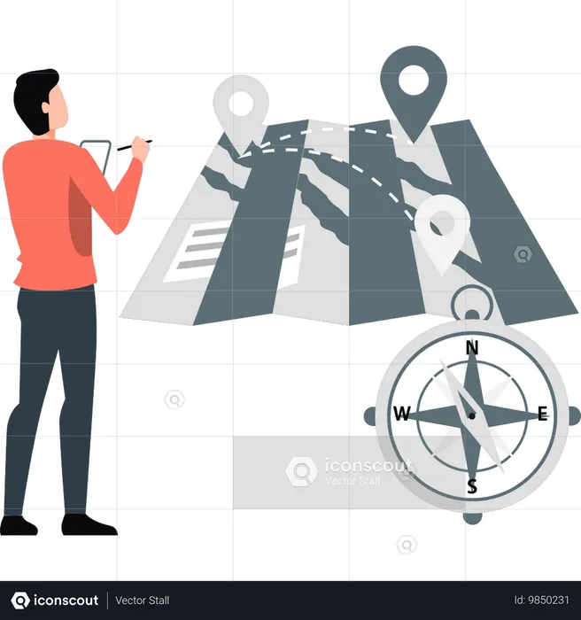 Man doing editing in map using direction compass  Illustration