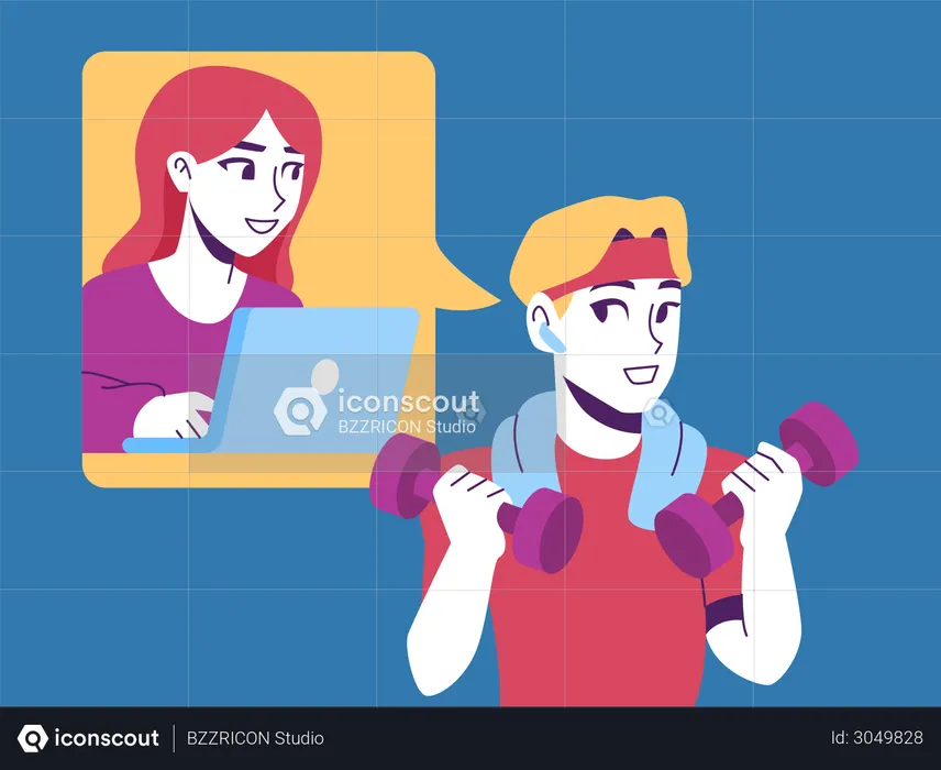 Man doing exercise while talking on call with girl  Illustration