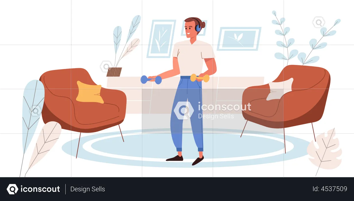 Man doing exercises with dumbbells in living room  Illustration